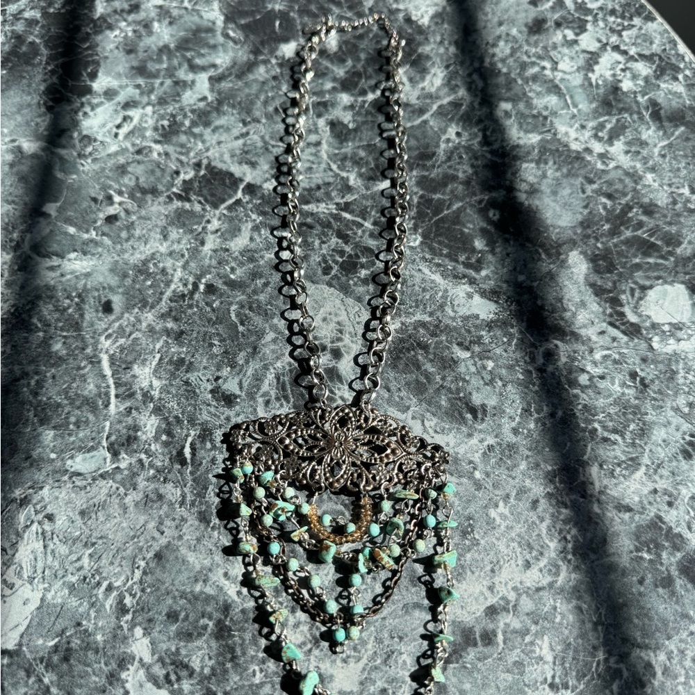 Boho Silver Filigree Necklace with Turquoise Beads
